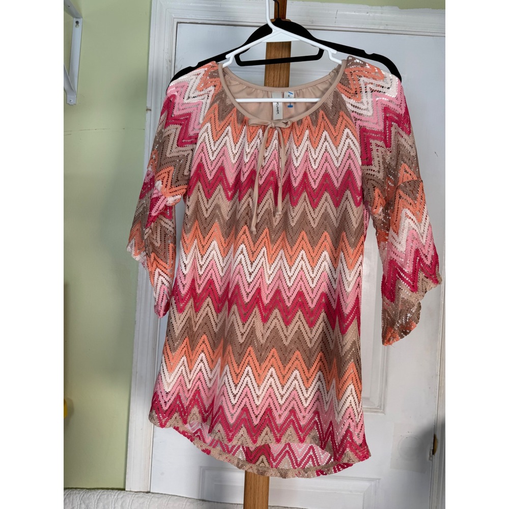 Tacera Pink Orange Chevron Crochet Tunic Top 3/4 Bell Sleeve Small 00717